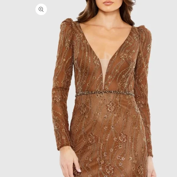 Mac Duggal Women's Embellished Long Sleeve Plunge Trumpet Gown - Picture 1 of 4